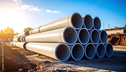 Wallpaper Mural Stacked grey pipes on construction site at sunset Torontodigital.ca