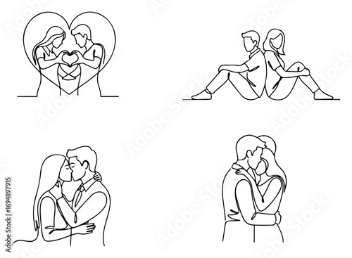 Romantic couple line art illustrations of love and affection.