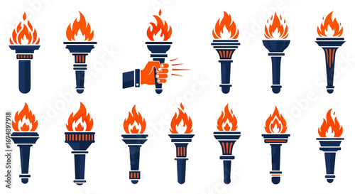 Set of Flaming Torch Icons Vector Illustrations.