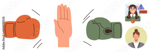 Gloved fists halted by an open hand, portraits linking to fake content caution. Ideal for misinformation, social media, ethical communication, conflict resolution, media trust, digital awareness