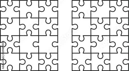Two sets of white jigsaw puzzle pieces separated on a clean white background, symbolizing connection and completion.
