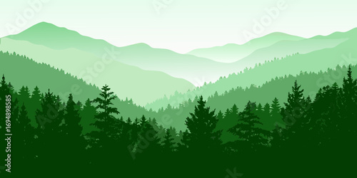 Serene green mountain range layered with dense evergreen forest silhouette under a bright sky