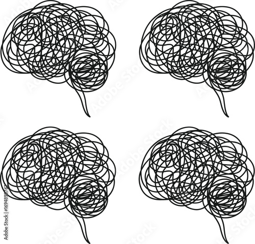 Four abstract, scribbled representations of a human brain, symbolizing complexity and thought.