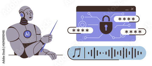 AI robot pointing to encrypted browser with password protection and audio wave, symbolizing digital security, data protection, and AI integration. Ideal for technology, cybersecurity, encryption, AI