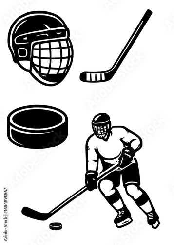 Hockey emblems, hockey helmets and retro goalkeeper mask, flying hockey puck, vector. vector hockey helmet and puck