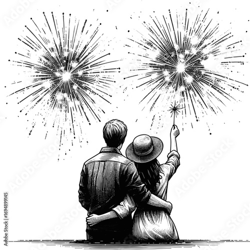 Couple watching fireworks against night sky