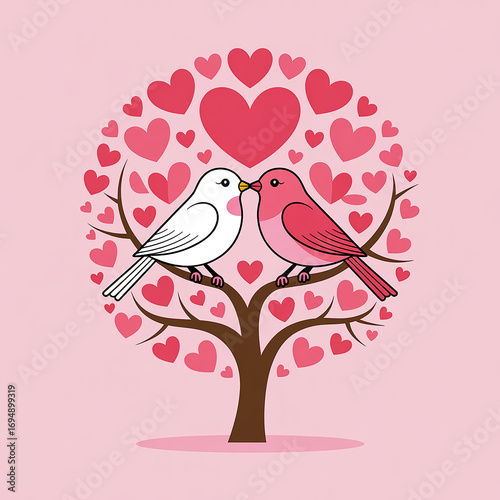 Two Birds Kissing on a Heart Shaped Tree Valentines Day