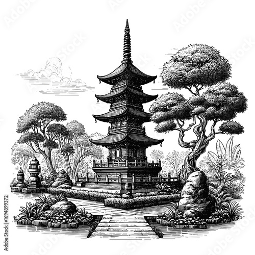 Japanese pagoda detailed illustration black and white serene garden