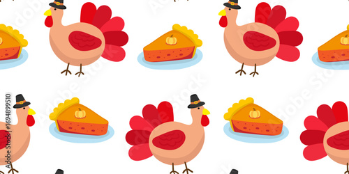 cute kids wallpaper seamless background with cartoon turkeys and pumpkin pie for fall celebrations