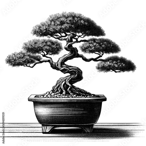 Bonsai tree sketch in black and white representing decor