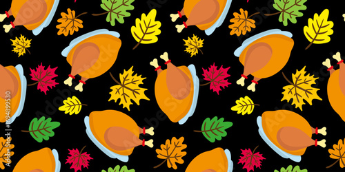 vibrant thanksgiving feast seamless pattern with roasted turkey and colorful autumn leaves on black background autumn food