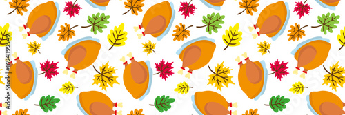 thanksgiving day seamless pattern with autumn leaves and roast turkey white background vector illustration for seasonal greeting cards banners