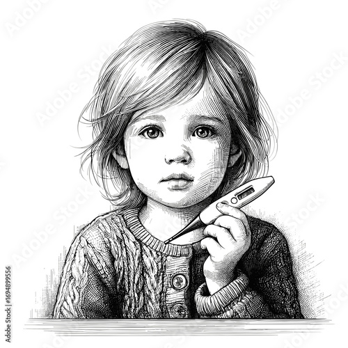 Child holding thermometer in black and white sketch
