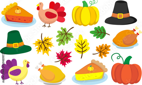 vibrant thanksgiving autumn vector elements set pumpkins turkey pilgrims hats pumpkin pie bright festive web decor