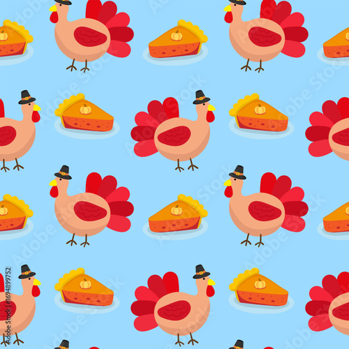 fun thanksgiving festive blue background seamless pattern of cartoon turkey and pumpkin pie kids decor web design