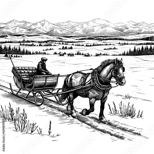 Man driving horse sleigh against snowy mountain landscape