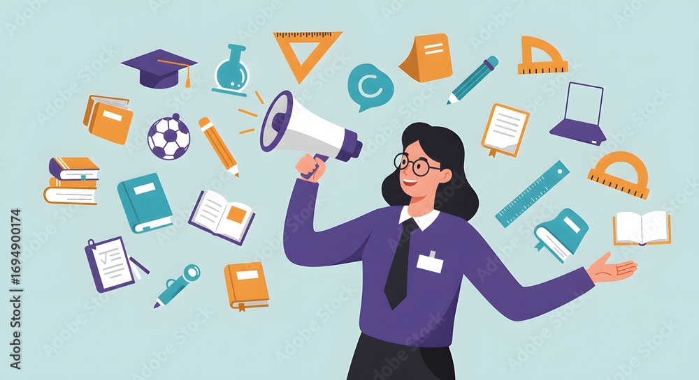 Fototapeta premium Flat vector of teacher holding megaphone surrounded by icons of books, pencils, rulers