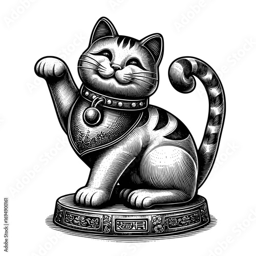 Maneki-Neko statue in vintage style in black and white symbolizing luck