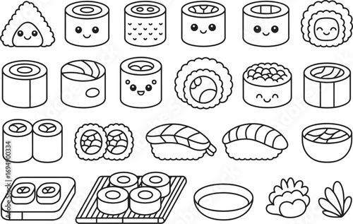Adorable kawaii sushi characters smiling and ready to eat, presented as a fun collection