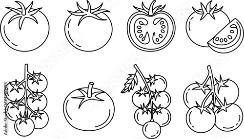 Collection of simple line art illustrations of fresh tomatoes, whole and sliced