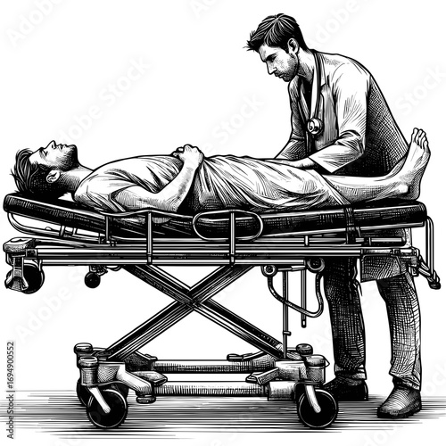 Doctor assisting patient on medical stretcher