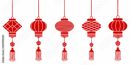 Five traditional red chinese lanterns with tassels hanging against a white background