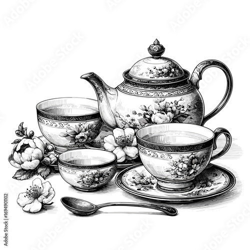 Vintage Tea Set Sketch in Black-and-White Style for Decoration