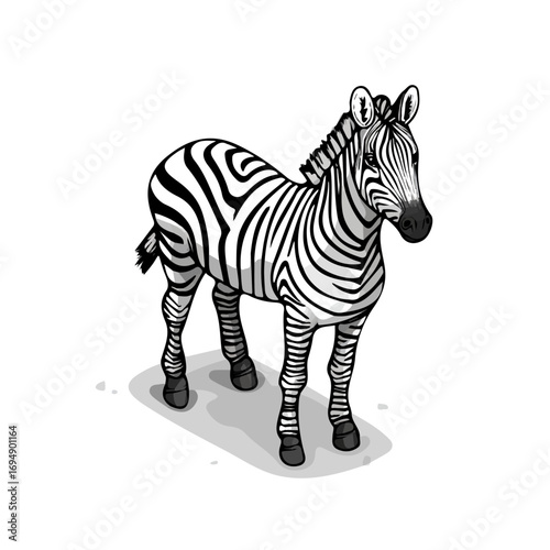 Zebra, vector graphic, 2D flat isometric cartoon illustration on white background.

