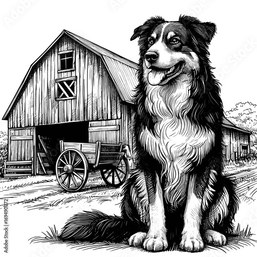 Dog sitting happily outside barn