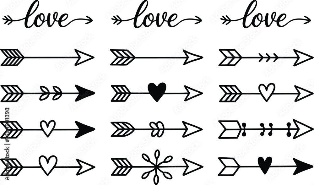 Naklejka premium Hand-drawn arrows and hearts symbolizing love and direction, perfect for romantic themes.