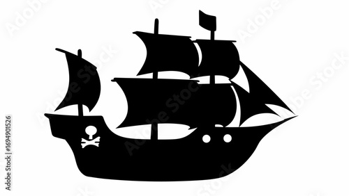 Silhouette of a pirate ship with sails and a skull and crossbones on the hull sailing on the open sea
