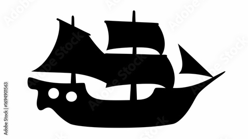 A silhouette of a sailing ship with three masts and sails on a white background, nautical vessel design