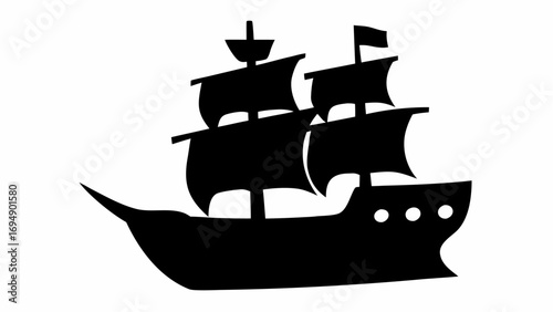 Silhouette of a sailing ship with multiple sails and a flag on the top mast against white background