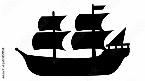 Silhouette of a sailing ship with three sails and a small flag at the top of the mast on a white background