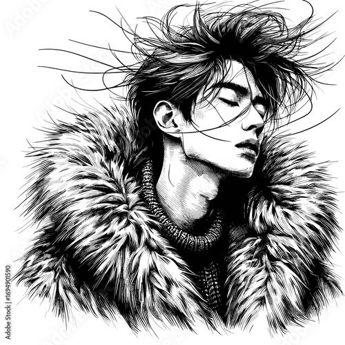 Woman with fur collar in black and white monochrome
