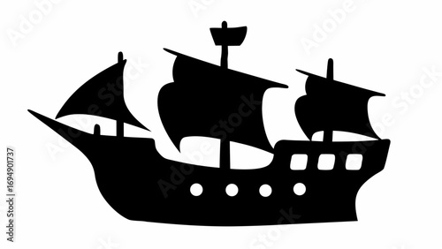 A black silhouette of a sailing ship with three masts and sails against a white background image scene