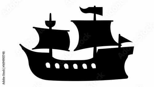 A silhouette of a sailing ship with multiple sails and a flag on a white background image view