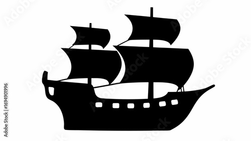 Silhouette of a sailing ship with multiple sails and masts against a white background in a simple style