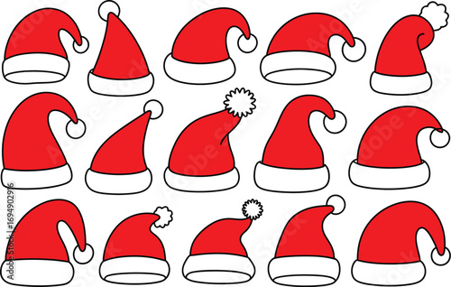 Collection of festive red Santa hats with white trim and pom-poms, perfect for holiday celebrations.