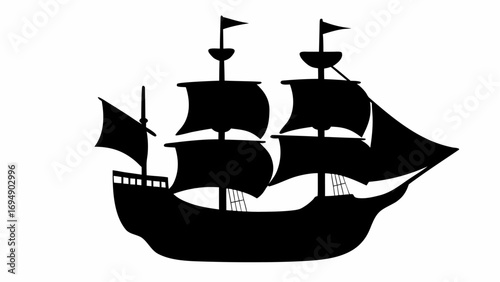 Silhouette of a sailing ship with multiple masts and sails against a white background at sea view