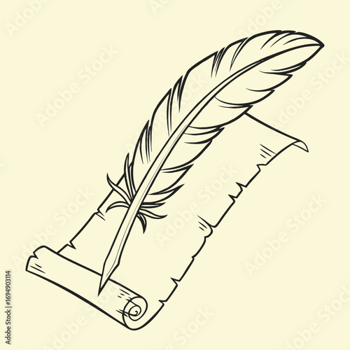 Vintage Quill and Scroll Vector Illustration – Hand-Drawn Feather Pen on Ancient Paper for Writing, Poetry, or History Themes – Ideal for Logos, Education, or Antique Graphic Projects.