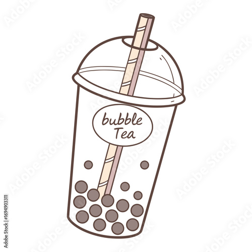 Hand drawn bubble tea drink with tapioca pearls and straw boba beverage
