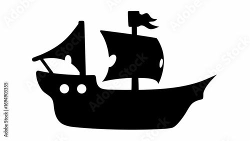 A black silhouette of a sailing ship with three sails and a flag on a white background view from the side