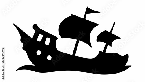 Silhouette of a sailing ship with three masts and sails on the water against a white background design