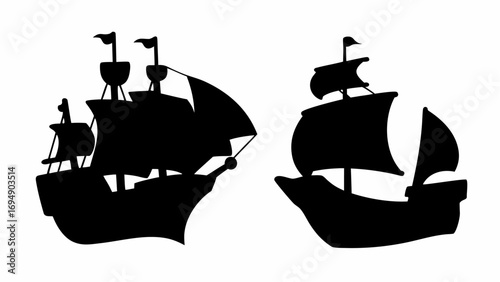 Two silhouette ships with sails and masts isolated on a white background in a simple vector graphic style