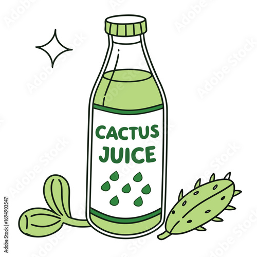 Bottle of cactus juice with prickly pear and leaves on white background drink beverage