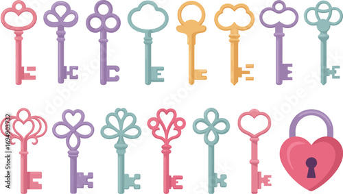 Collection of whimsical antique keys and a heart-shaped padlock in pastel colors