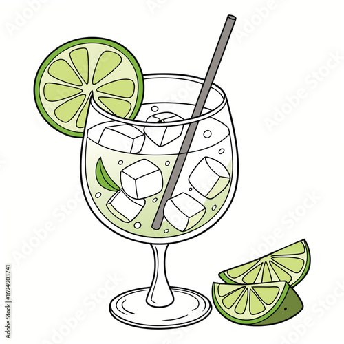 Wine glass with mojito cocktail, lime slices, mint leaves and ice cubes drink beverage
