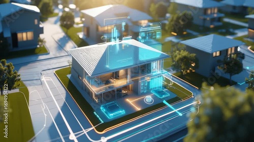 Modern smart home with digital energy system visualization showing connected devices, automation technology, and sustainable living design