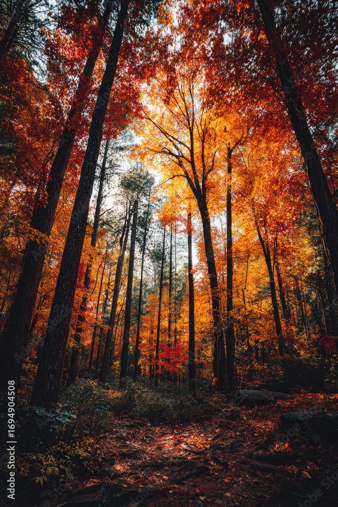 Fototapeta premium Autumn forest path, vibrant colors